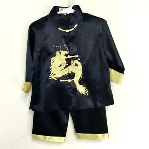 Laogudai 2 Piece Set Boys Size 4 Chinese Dragon Top & Pants Black Kung Fu Outfit